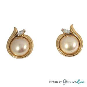 Majorica Creamy White Faux Pearl Clear Crystal 925 Gold Plated Omega Earrings